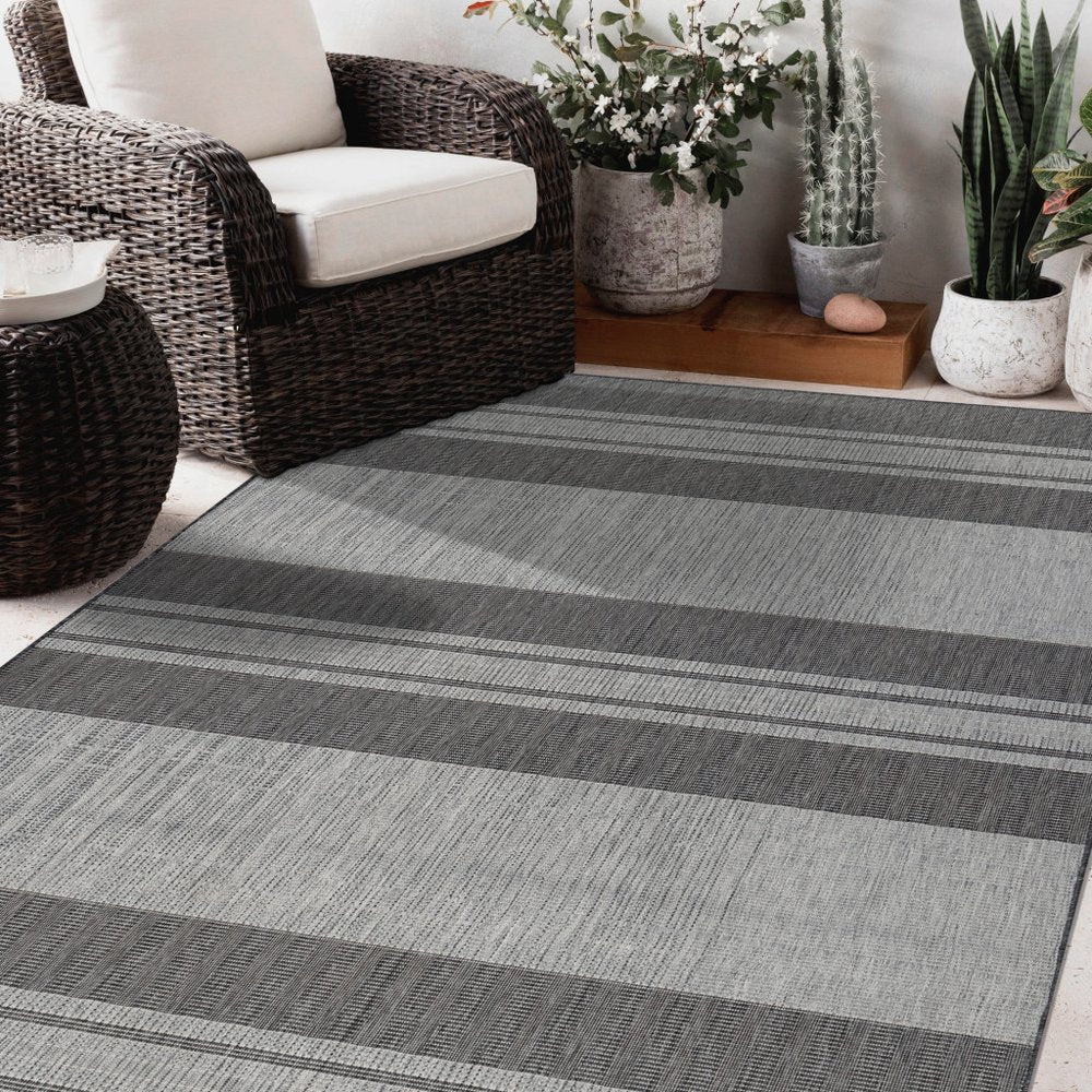 8' X 10' Blue and Gray Striped Stain Resistant Indoor Outdoor Area Rug HomeRoots
