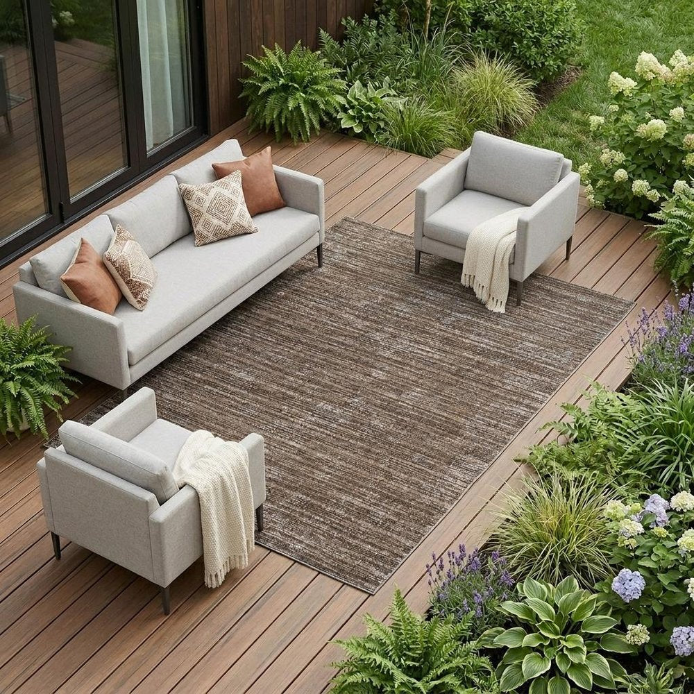 8' X 10' Brown and Ivory Striped Stain Resistant Indoor Outdoor Area Rug HomeRoots