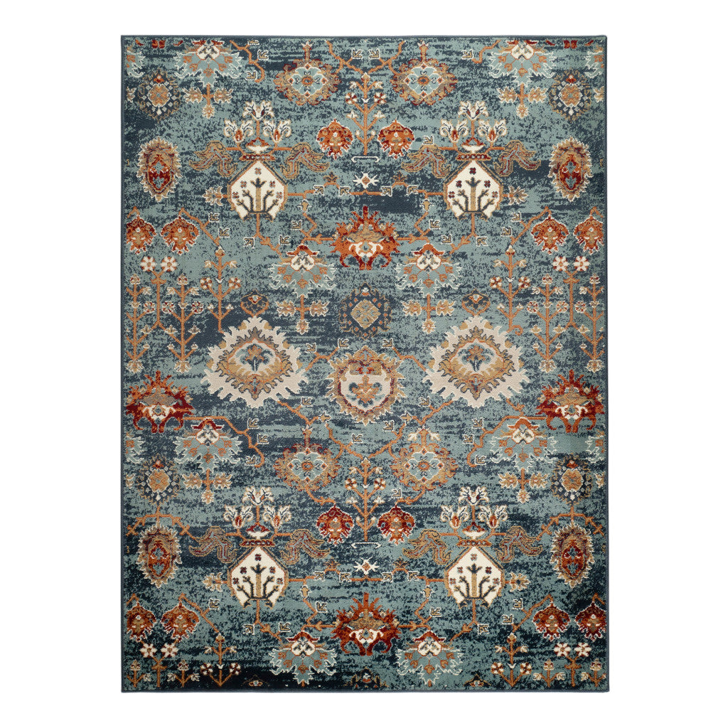 8' X 10' Teal Rust and Orange Oriental Power Loom Area Rug - 93.0" (H) x 117.0" (W) x 0.38" (D)