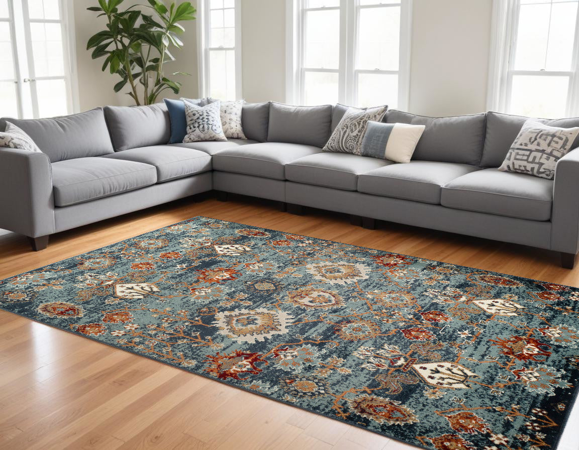 8' X 10' Teal Rust and Orange Oriental Power Loom Area Rug - 93.0" (H) x 117.0" (W) x 0.38" (D)