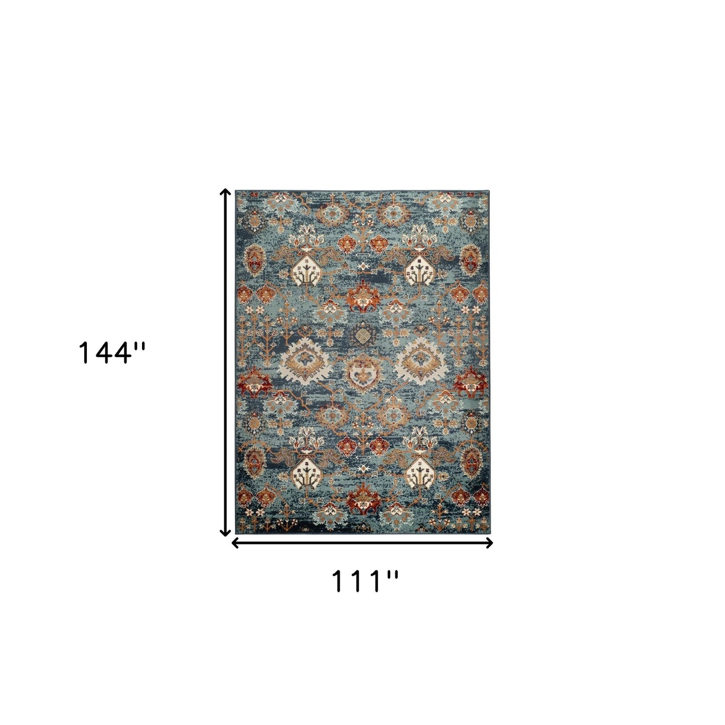 9' X 12' Teal Rust and Orange Oriental Power Loom Area Rug - 111.0" (H) x 144.0" (W) x 0.38" (D)