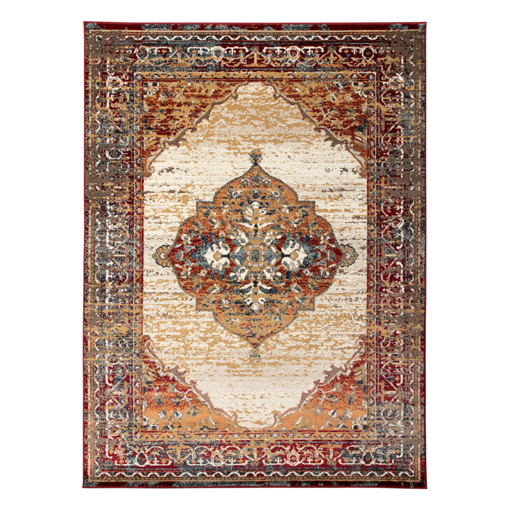 9' X 12' Ivory Red and Orange Medallion Power Loom Area Rug - 111.0" (H) x 144.0" (W) x 0.38" (D)