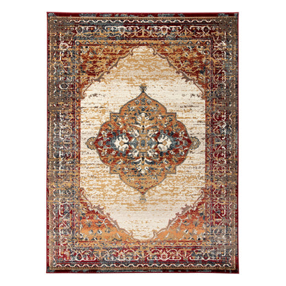 9' X 12' Ivory Red and Orange Medallion Power Loom Area Rug - 111.0" (H) x 144.0" (W) x 0.38" (D)