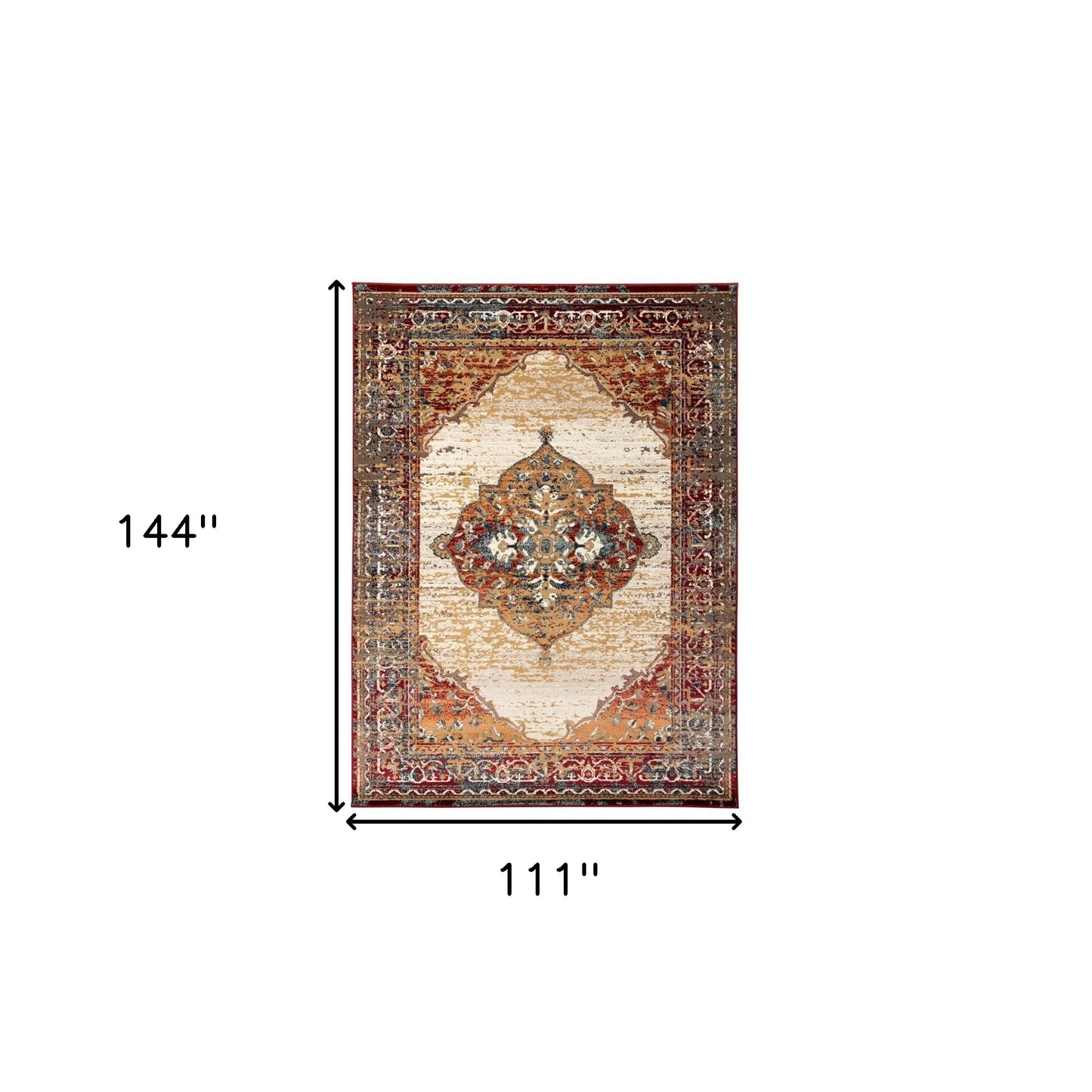 9' X 12' Ivory Red and Orange Medallion Power Loom Area Rug - 111.0" (H) x 144.0" (W) x 0.38" (D)