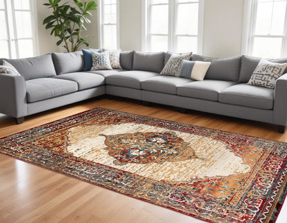 9' X 12' Ivory Red and Orange Medallion Power Loom Area Rug - 111.0" (H) x 144.0" (W) x 0.38" (D)