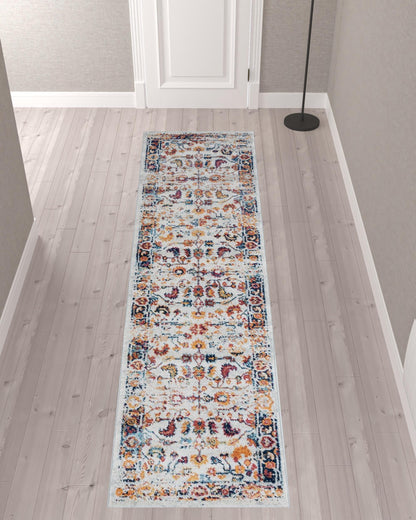 10' Ivory Navy and Orange Floral Power Loom Runner Rug - 32.0" (L) x 120.0" (W) x 0.6" (H)