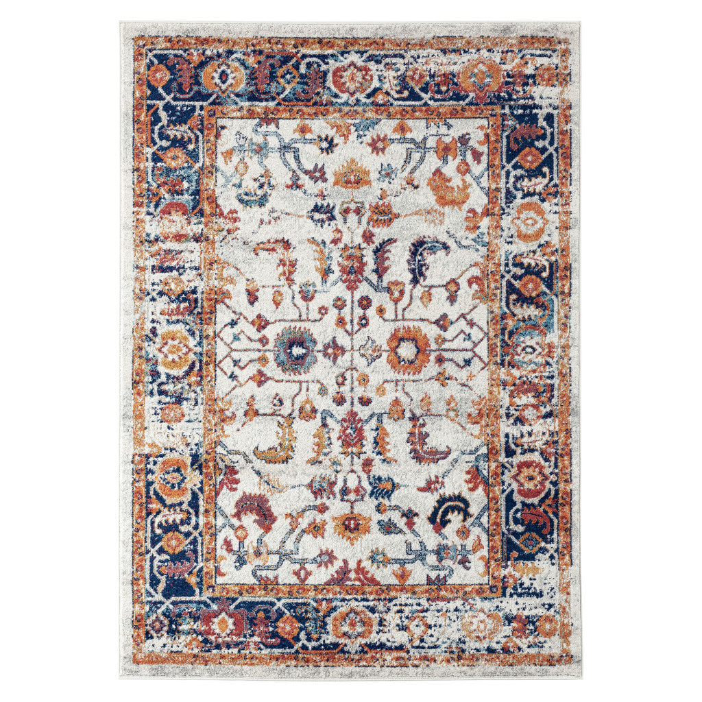 9' X 12' Ivory Navy and Orange Floral Power Loom Area Rug - 105.0" (H) x 141.0" (W) x 0.38" (D)