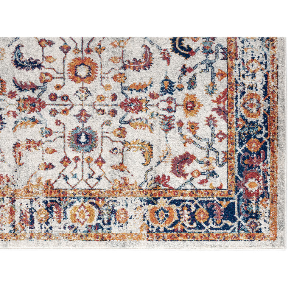 9' X 12' Ivory Navy and Orange Floral Power Loom Area Rug - 105.0" (H) x 141.0" (W) x 0.38" (D)