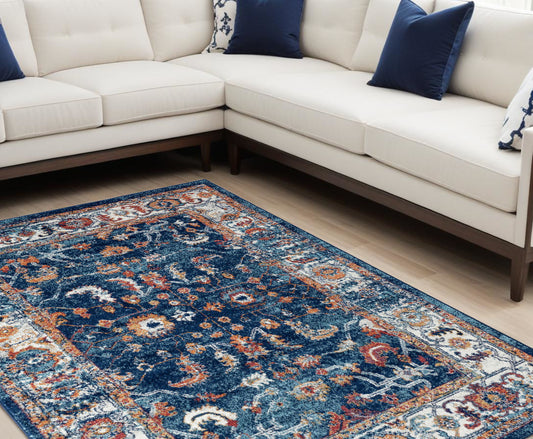 9' X 12' Blue Rust and Orange Oriental Power Loom Area Rug - 105.0" (H) x 141.0" (W) x 0.38" (D)