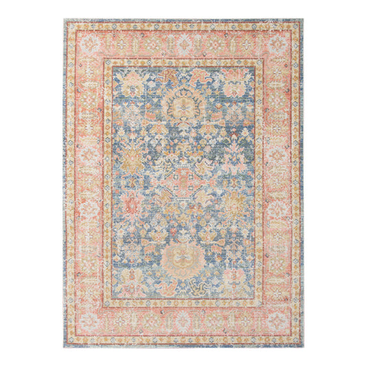 9' X 13' Blue Gold and Orange Floral Power Loom Area Rug