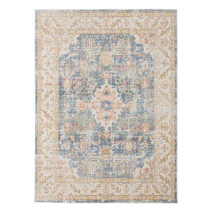 9' X 13' Blue Gold and Orange Floral Power Loom Area Rug