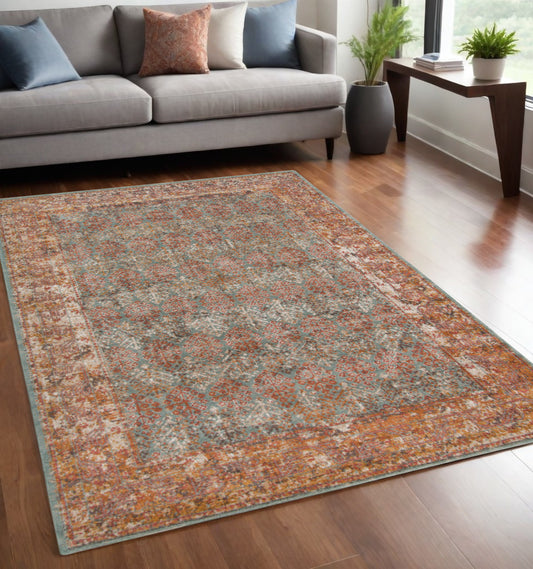 6' X 8' Teal and Orange Medallion Power Loom Area Rug - 67.0" (H) x 90.0" (W) x 0.15" (D)