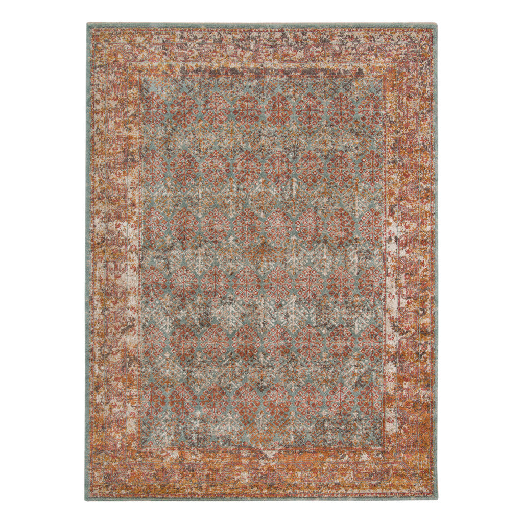 9' X 12' Teal and Orange Medallion Power Loom Worn Faded Area Rug - 107.0" (H) x 143.0" (W) x 0.15" (D)