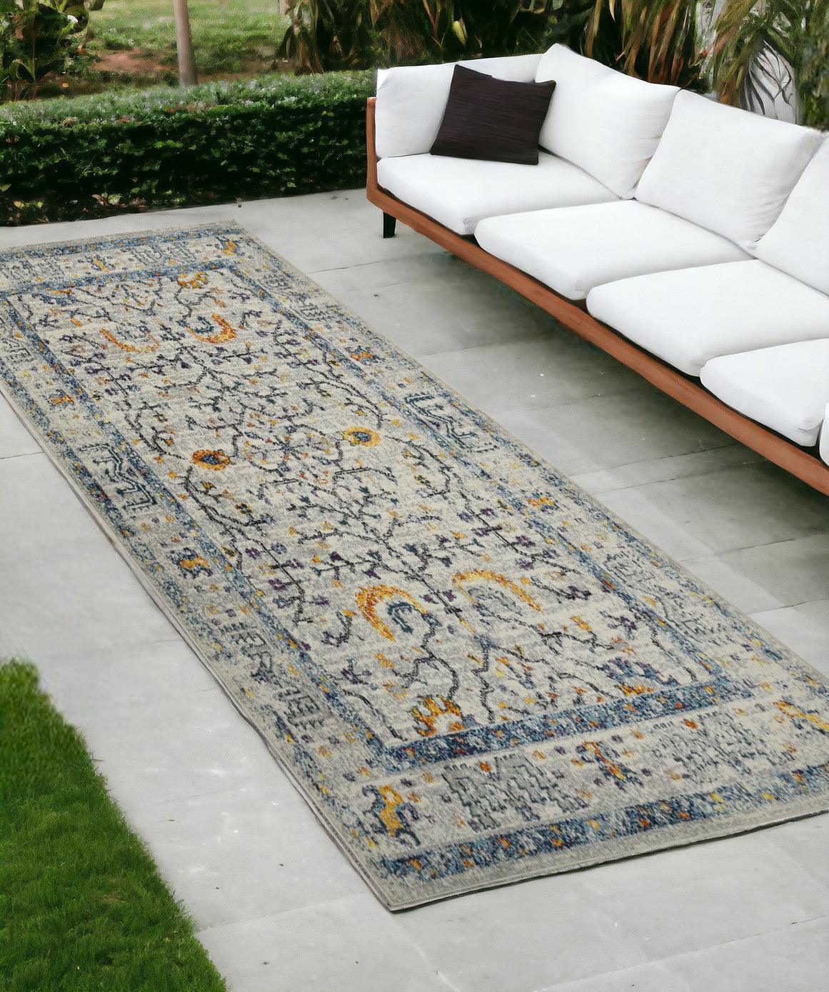 8' Runner Yellow and Ivory Oriental Stain Resistant Indoor Outdoor Runner Rug - FurniFindUSA