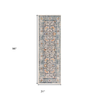 8' Runner Yellow and Ivory Oriental Stain Resistant Indoor Outdoor Runner Rug - FurniFindUSA