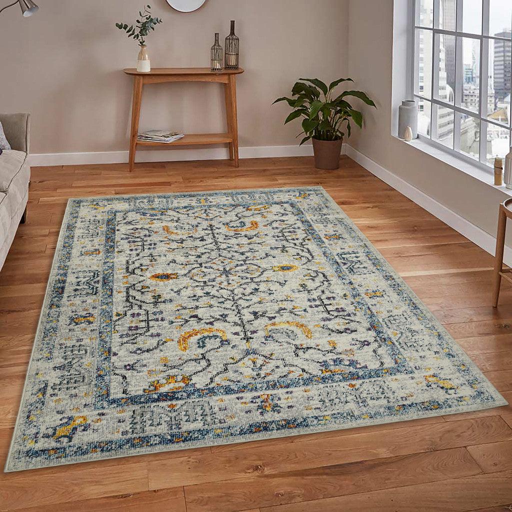 8' Runner Yellow and Ivory Oriental Stain Resistant Indoor Outdoor Runner Rug - FurniFindUSA