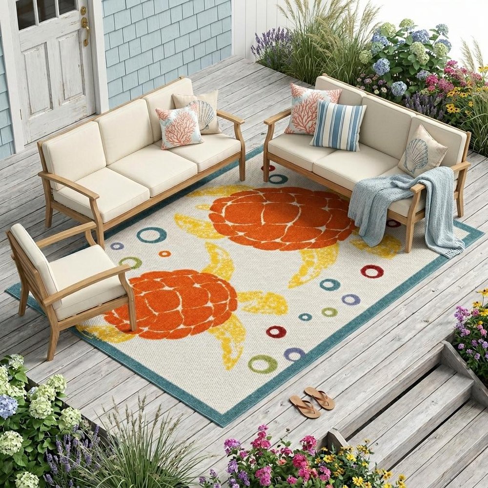 6' X 9' Teal And Orange Sea Turtle Indoor Outdoor Area Rug — view 11
