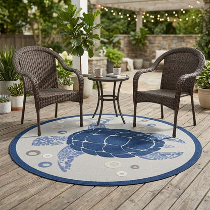 5' Navy Blue And Light Blue Round Sea Turtle Indoor Outdoor Area Rug HomeRoots