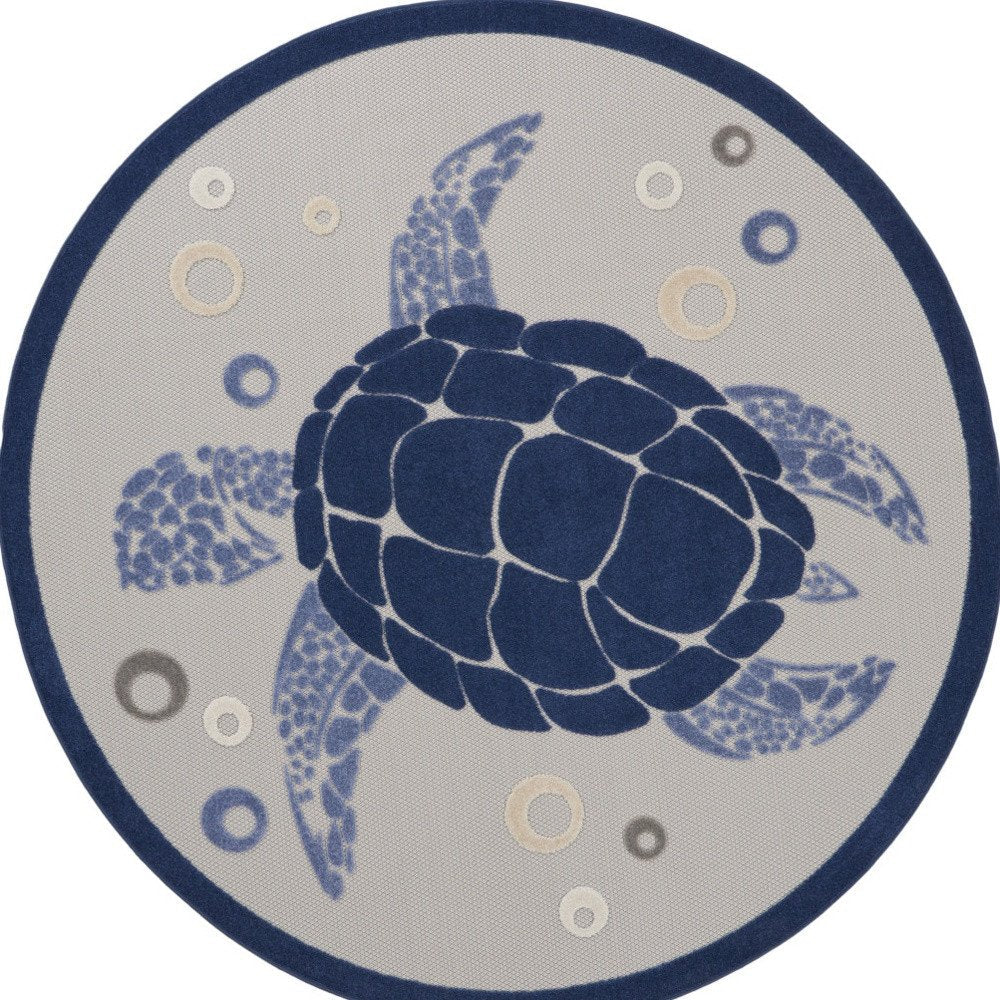 5' Navy Blue And Light Blue Round Sea Turtle Indoor Outdoor Area Rug — view 3