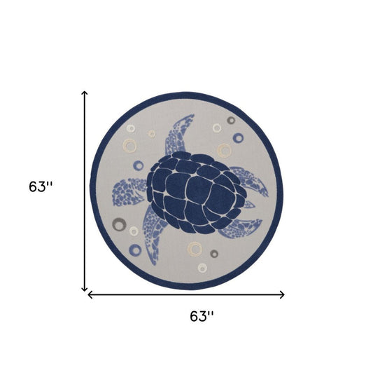 5' Navy Blue And Light Blue Round Sea Turtle Indoor Outdoor Area Rug