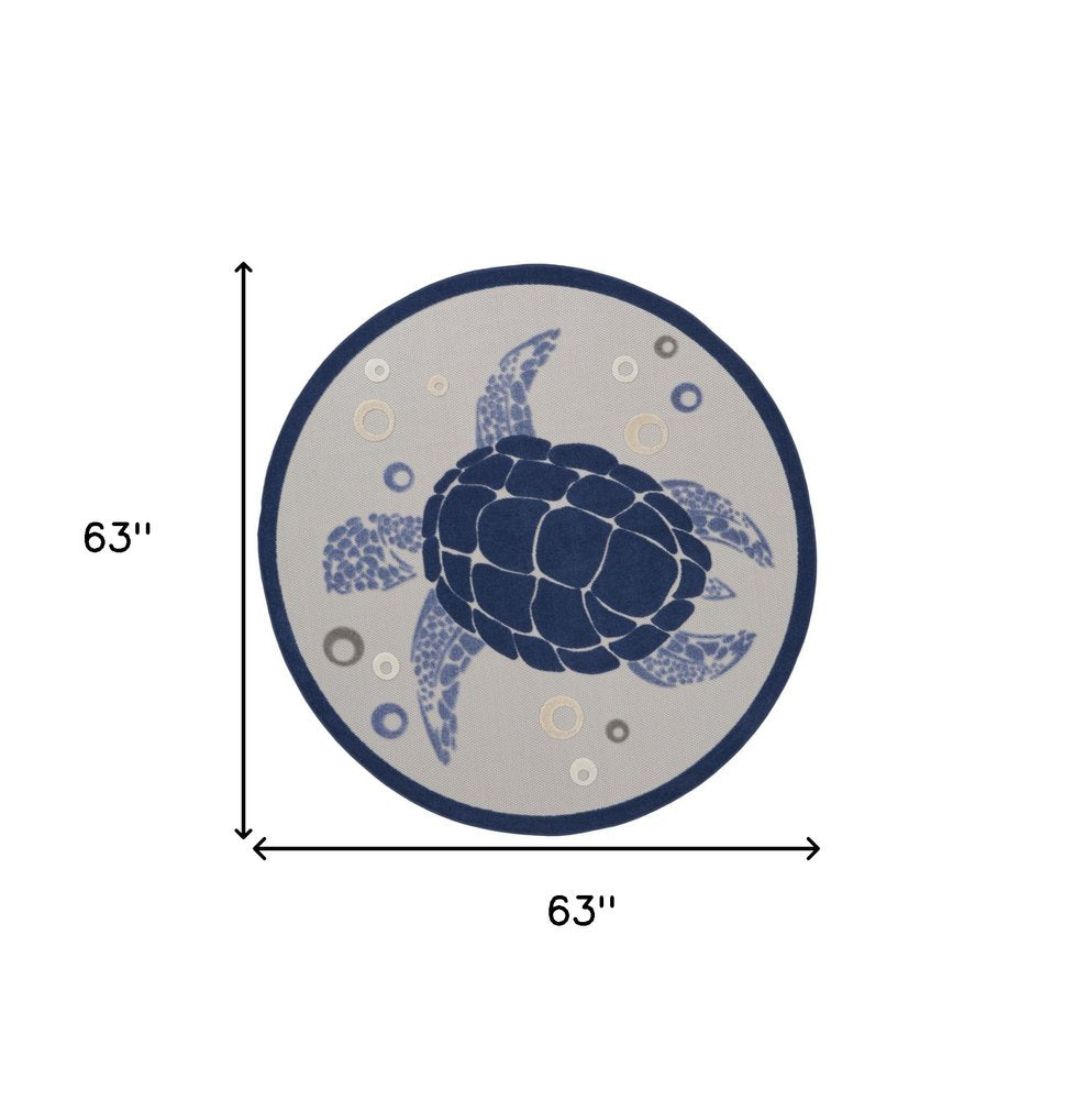 5' Navy Blue And Light Blue Round Sea Turtle Indoor Outdoor Area Rug HomeRoots