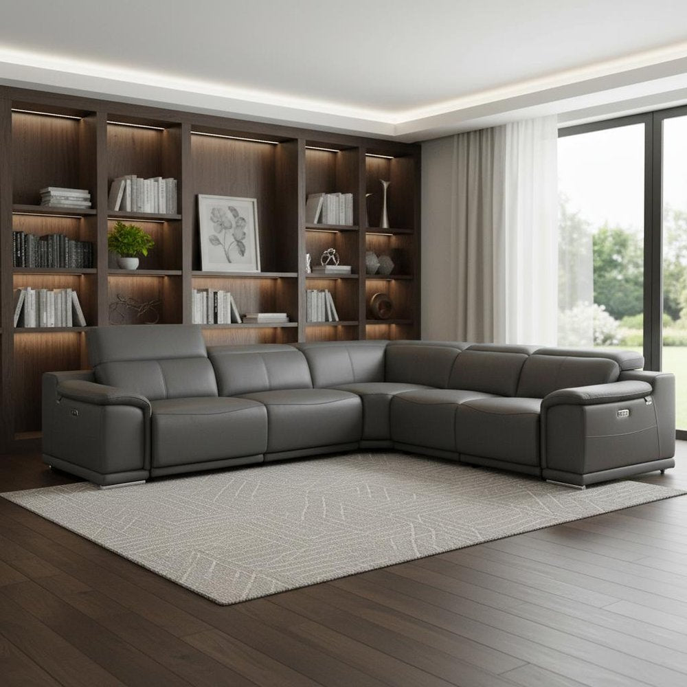 Gray Italian Leather Power Reclining U Shaped Five Piece Corner Sectional With Console HomeRoots