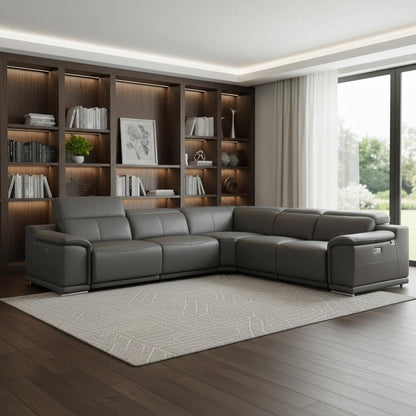 Gray Italian Leather Power Reclining U Shaped Five Piece Corner Sectional With Console HomeRoots