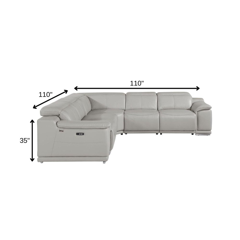 Light Gray Italian Leather Power Reclining U Shaped Five Piece Corner Sectional With Console HomeRoots