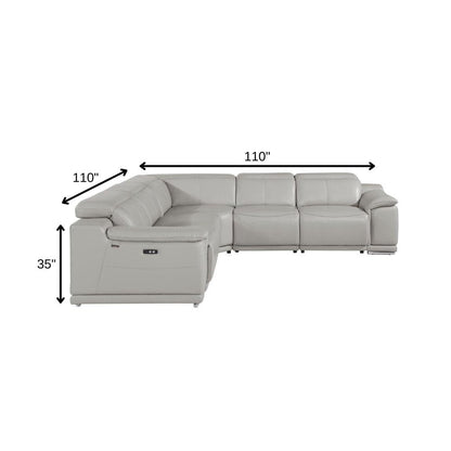 Light Gray Italian Leather Power Reclining U Shaped Five Piece Corner Sectional With Console HomeRoots