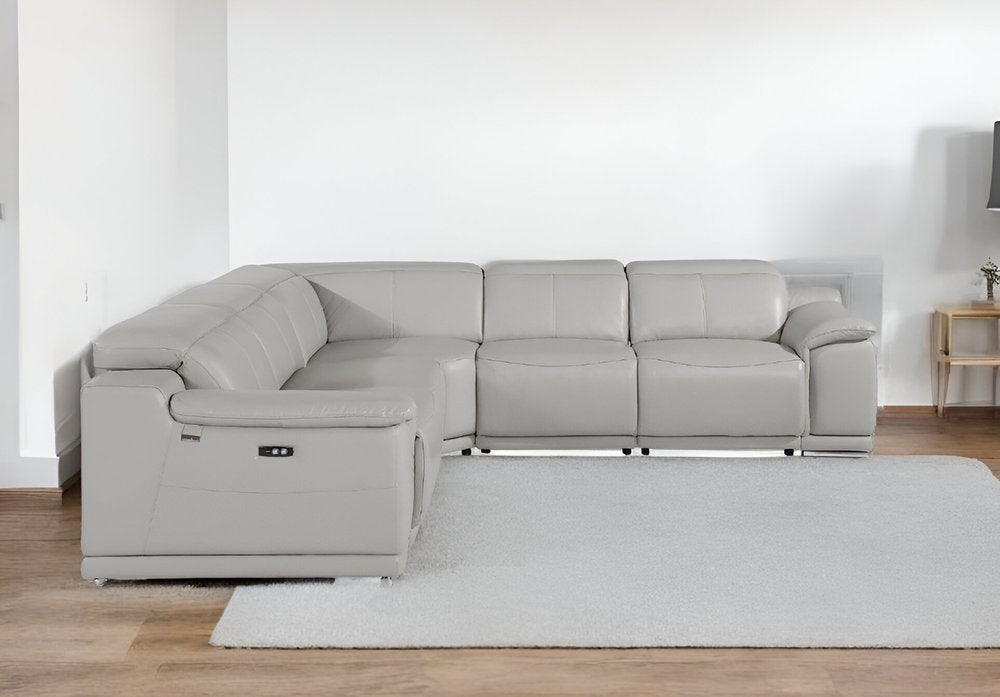 Light Gray Italian Leather Power Reclining U Shaped Five Piece Corner Sectional With Console HomeRoots