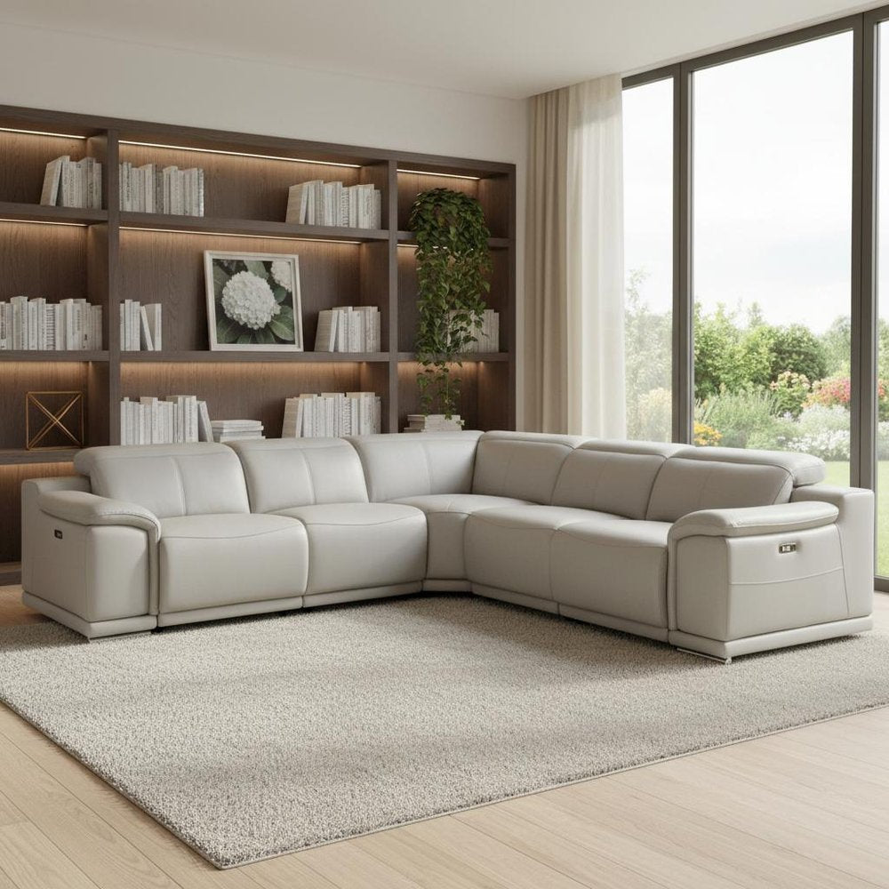 Light Gray Italian Leather Power Reclining U Shaped Five Piece Corner Sectional With Console HomeRoots