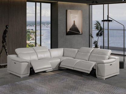 Light Gray Italian Leather Power Reclining U Shaped Five Piece Corner Sectional With Console HomeRoots