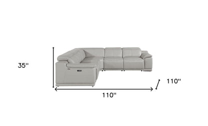 Light Gray Italian Leather Power Reclining U Shaped Five Piece Corner Sectional With Console HomeRoots