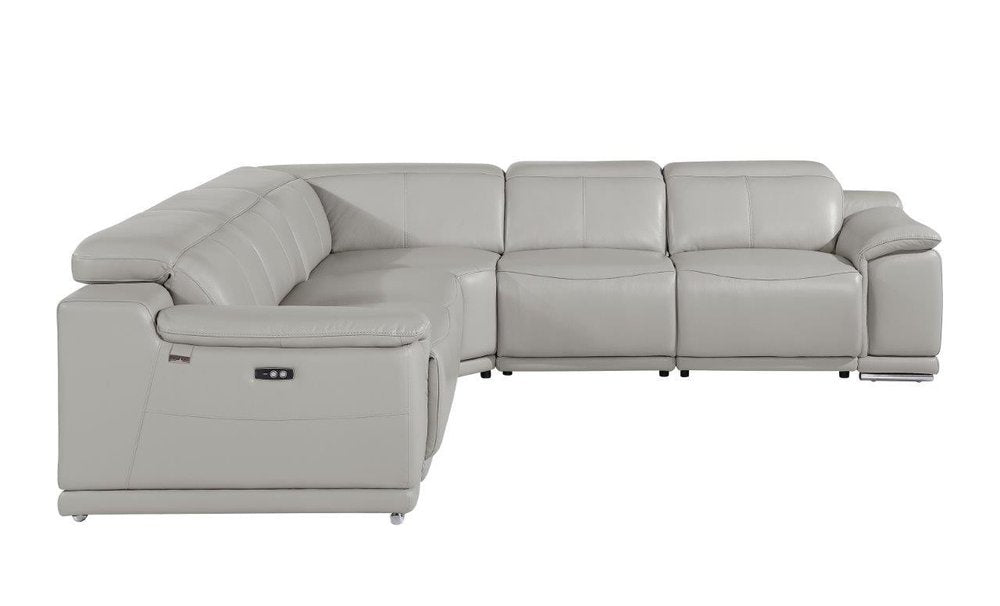 Light Gray Italian Leather Power Reclining U Shaped Five Piece Corner Sectional With Console HomeRoots