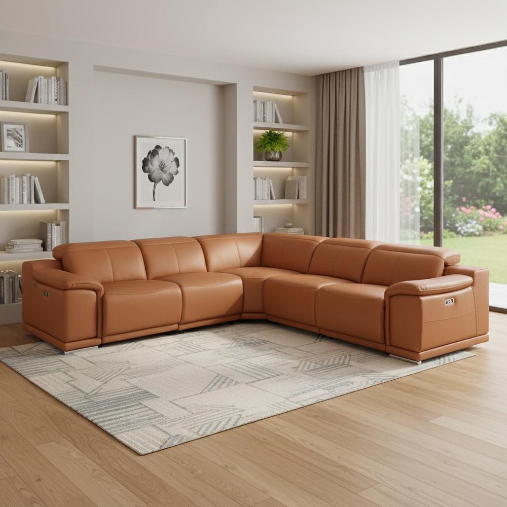 Camel Italian Leather Modular L Shaped Five Piece Corner Sectional HomeRoots