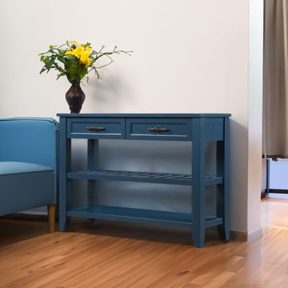 Console Sofa Table with 2 Storage Drawers and 2 Tiers Shelves Mid-Century Style 42'' Solid Wood Buffet Sideboard Navy Blue - FurniFindUSA