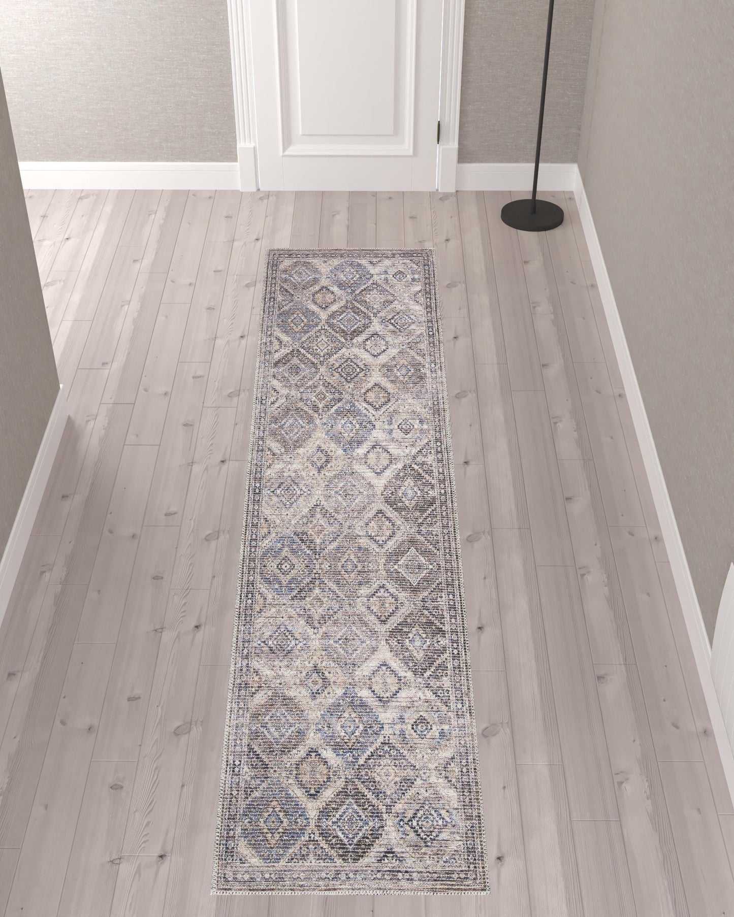 10' Ivory and Tan Floral Power Loom Distressed Washable Runner Rug - 118.11" (L) x 155.12" (W) x 0.31" (H)