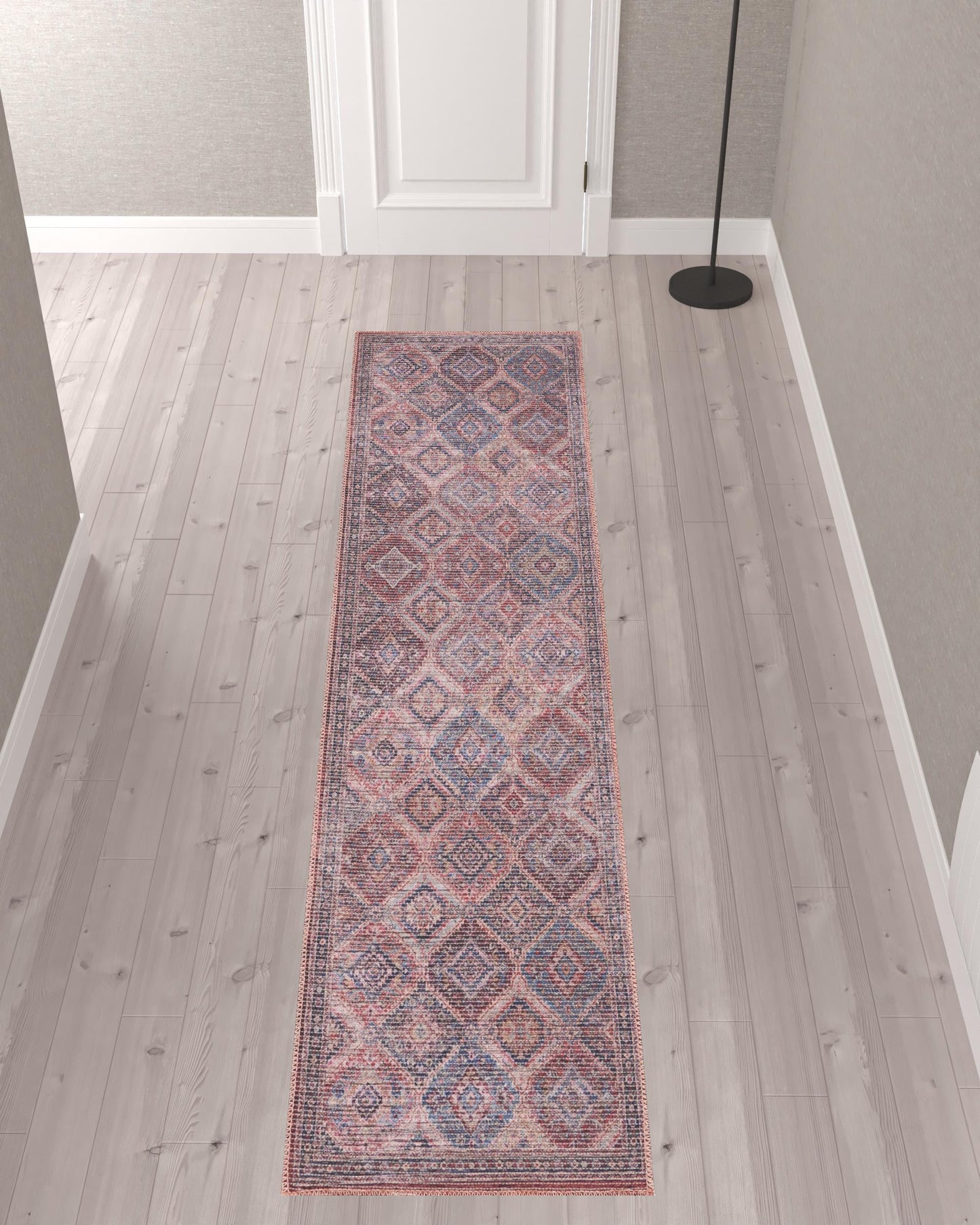 10' Blue and Red Floral Power Loom Distressed Washable Runner Rug - 0.28" (L) x 120.0" (W) x 26.0" (H)