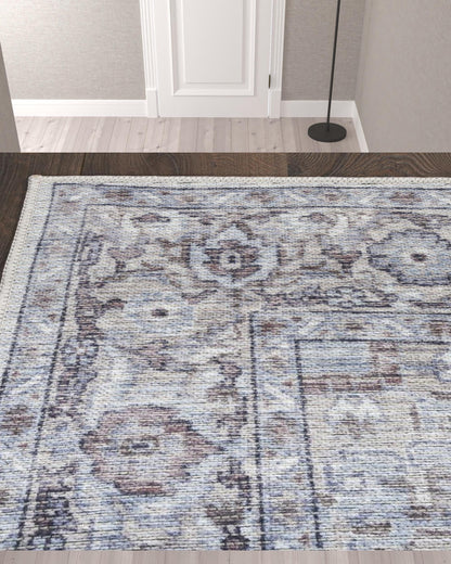 10' Beige and Ivory Floral Power Loom Distressed Washable Runner Rug - 120.0" (L) x 120.0" (W) x 0.43" (H)