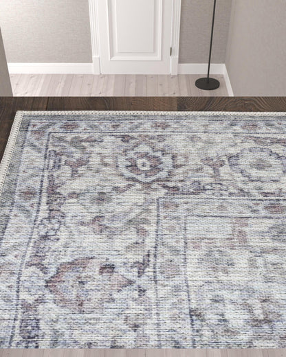 10' Gray and Ivory Floral Power Loom Distressed Washable Runner Rug - 32.0" (L) x 120.0" (W) x 0.6" (H)