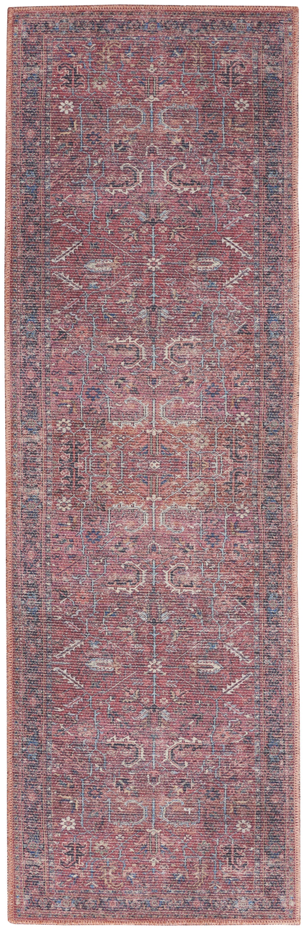 10' Blue and Red Floral Power Loom Distressed Washable Runner Rug - 0.28" (L) x 120.0" (W) x 26.0" (H)