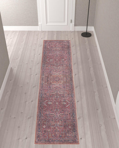 10' Blue and Red Floral Power Loom Distressed Washable Runner Rug - 0.28" (L) x 120.0" (W) x 26.0" (H)