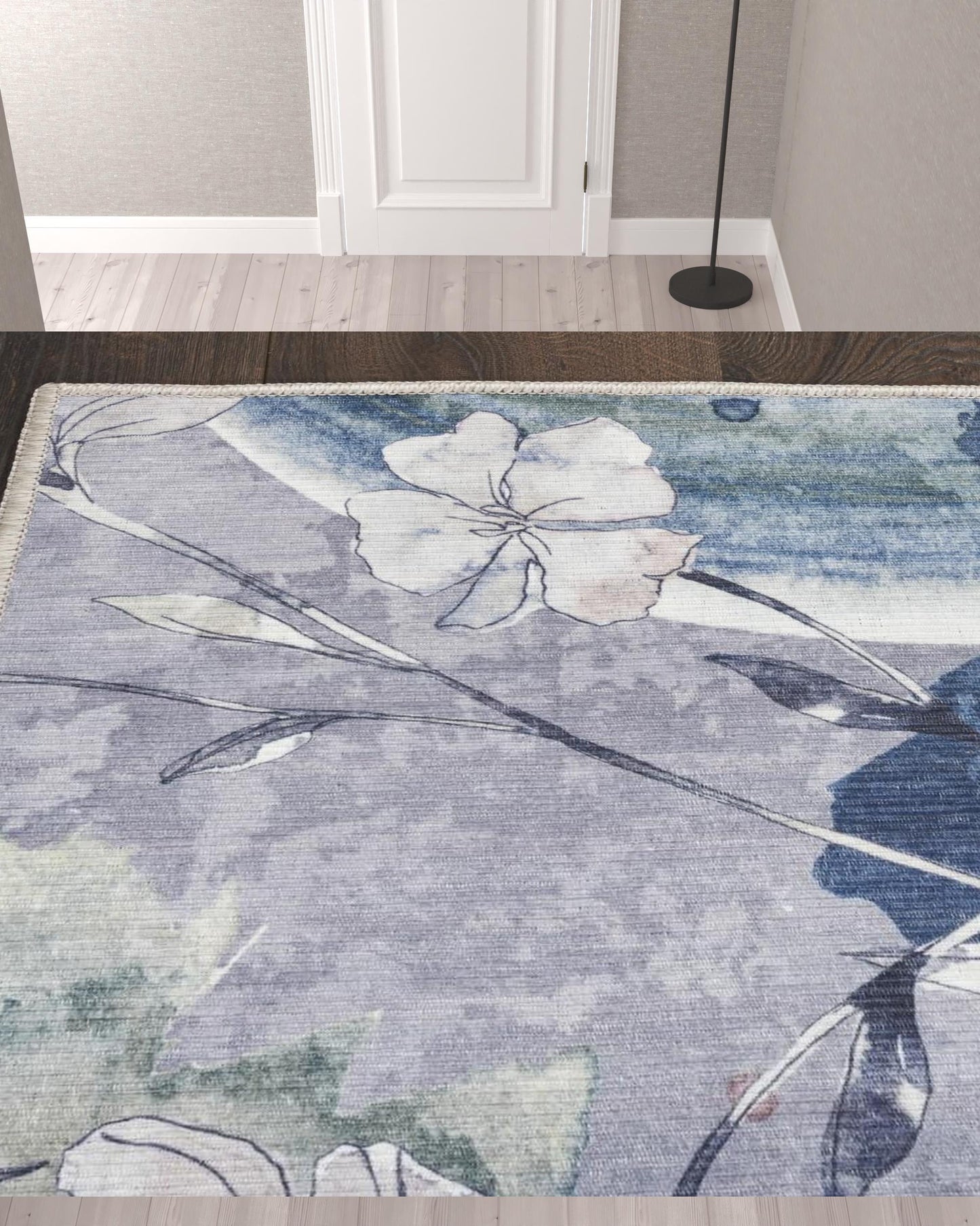 10' Ivory Blue and Gray Floral Power Loom Washable Non Skid Runner Rug - 27.0" (L) x 120.0" (W) x 0.6" (H)