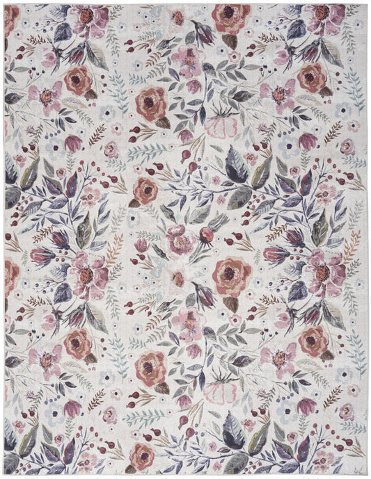 6' X 9' Ivory Pink and Green Floral Power Loom Washable Non Skid Area Rug - 72.0" (H) x 108.0" (W) x 0.25" (D)