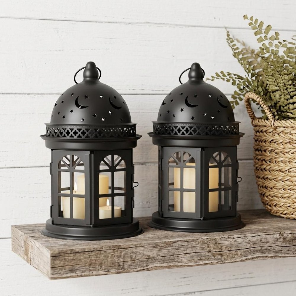 Set of Two Black Metal Celestial Tabletop Lantern Candle Holders HomeRoots