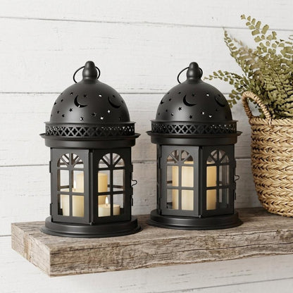 Set of Two Black Metal Celestial Tabletop Lantern Candle Holders HomeRoots