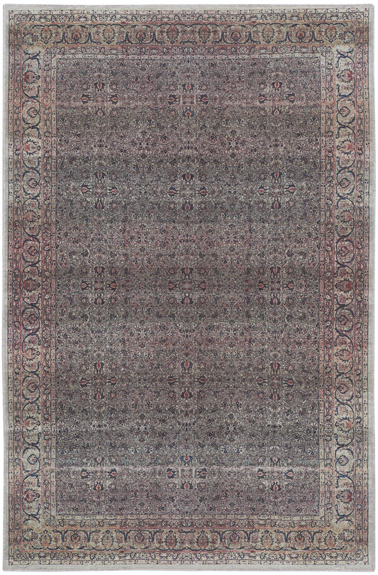 4' X 6' Ivory Blue and Gray Oriental Power Loom Distressed Washable Non Skid Area Rug - 48.0" (H) x 72.0" (W) x 0.25" (D)