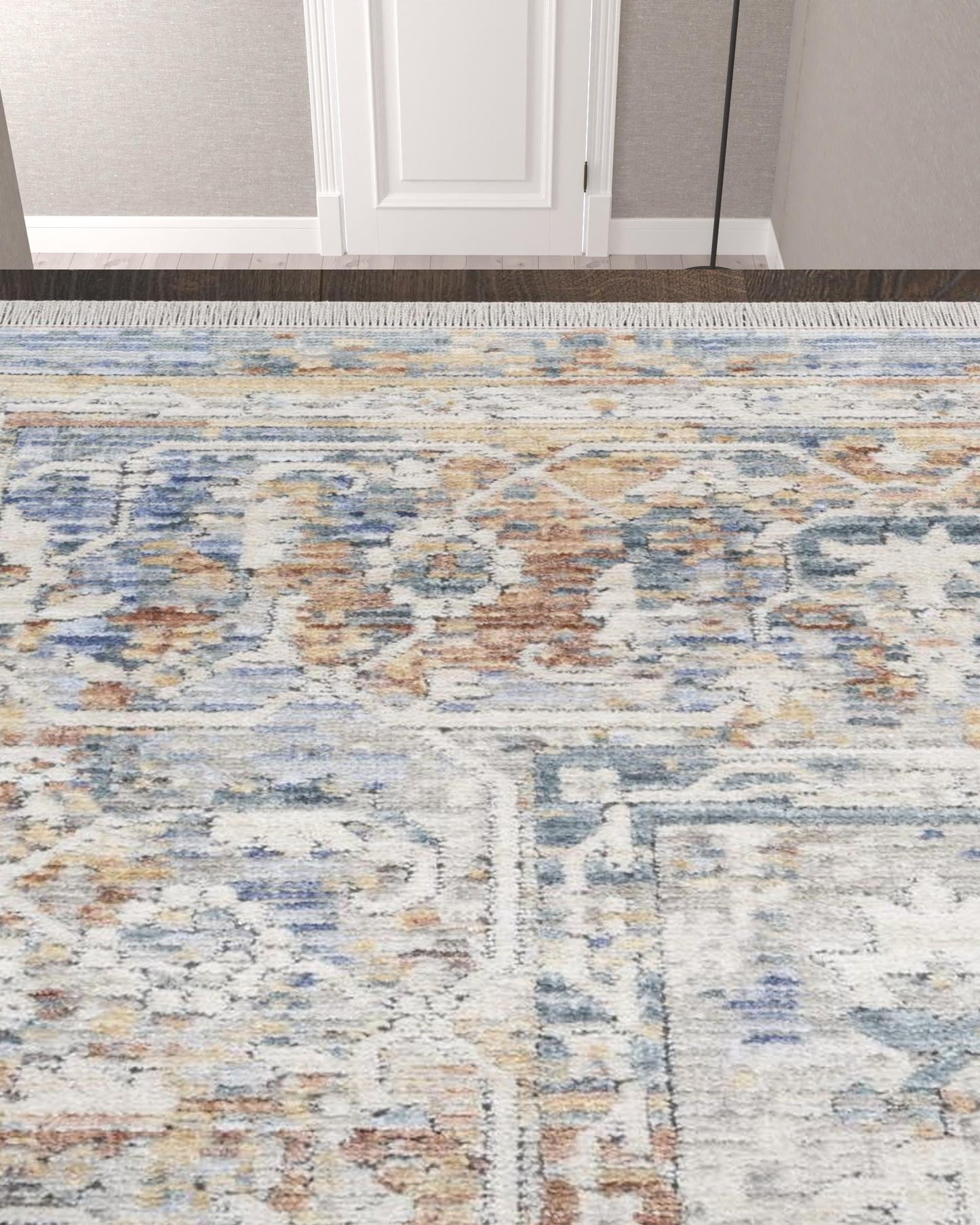 12' Ivory Blue and Orange Oriental Power Loom Distressed Runner Rug - 24.0" (L) x 72.0" (W) x 0.28" (H)