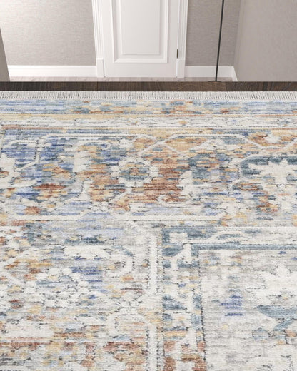 12' Ivory Blue and Orange Oriental Power Loom Distressed Runner Rug - 24.0" (L) x 72.0" (W) x 0.28" (H)