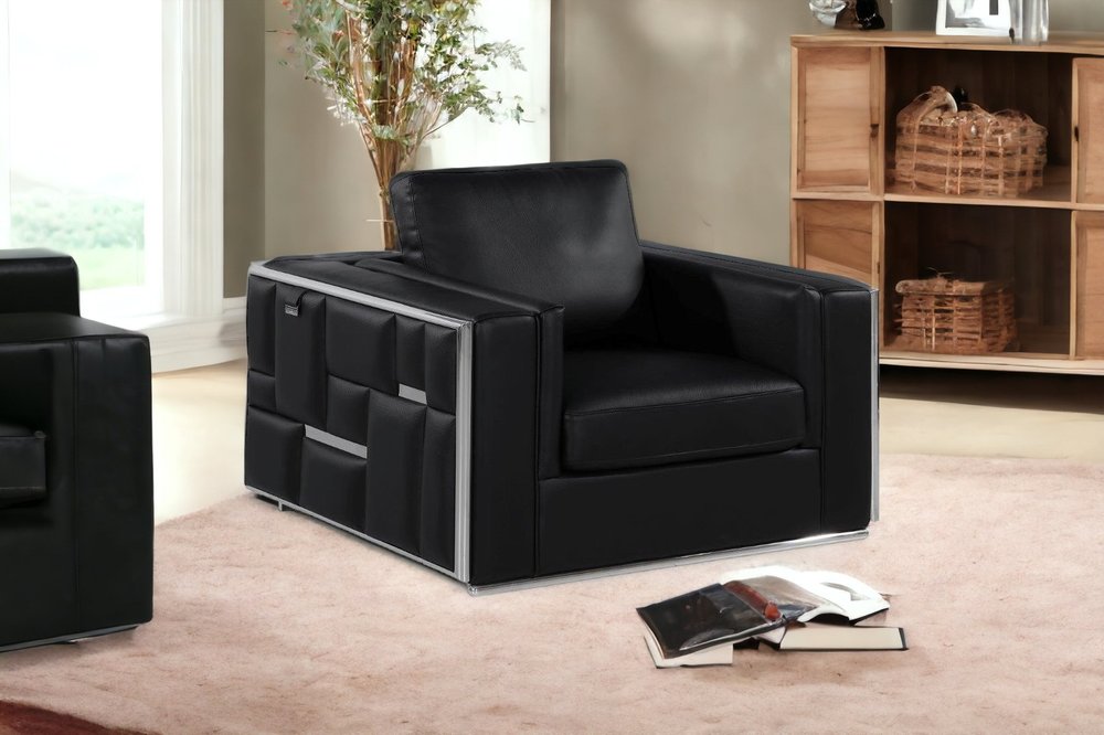 47" Black And Silver Top Grain Leather Club Chair HomeRoots